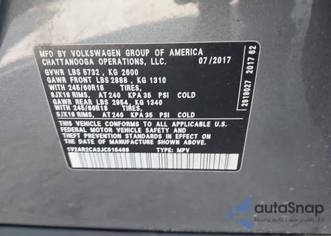2018 Volkswagen Atlas 3.6L V6 S из США, поврежденный, VIN 1V2AR2CA3JC515468
